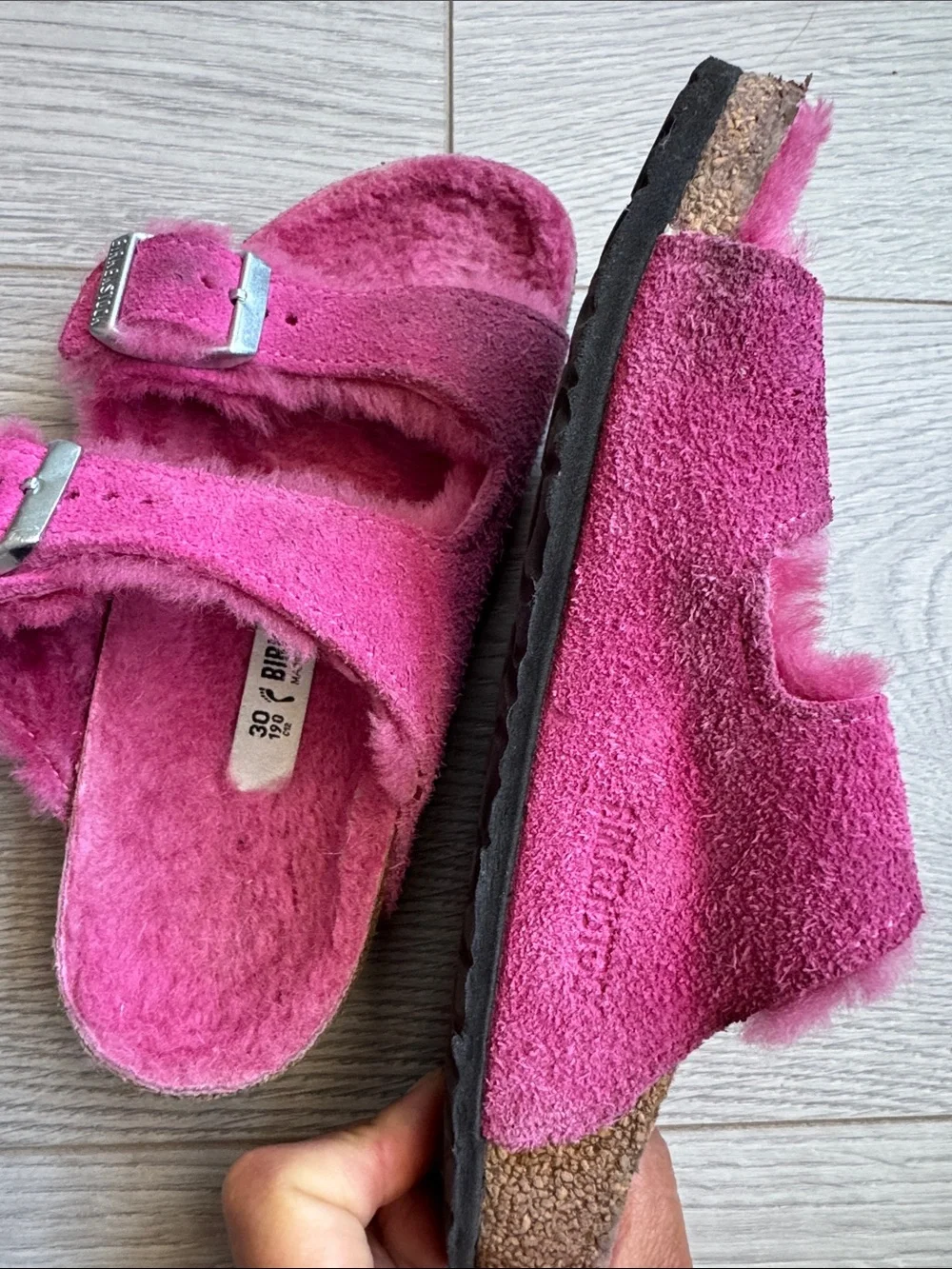 Birkenstock Kids Fuzzy Slide Sandals in Bright Pink | size 12-12.5 US